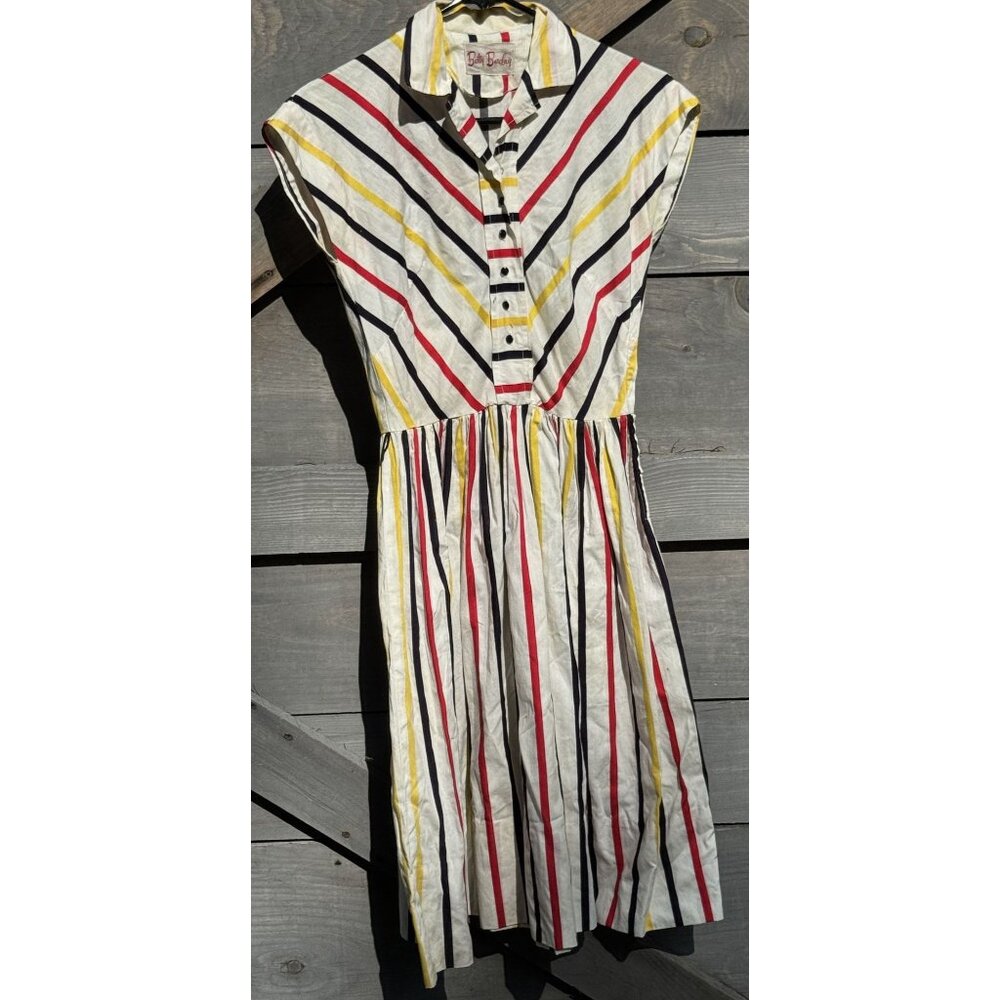 Vintage Betty Barclay Striped Summer Dress size S Cap Sleeves & Button-Down Fron